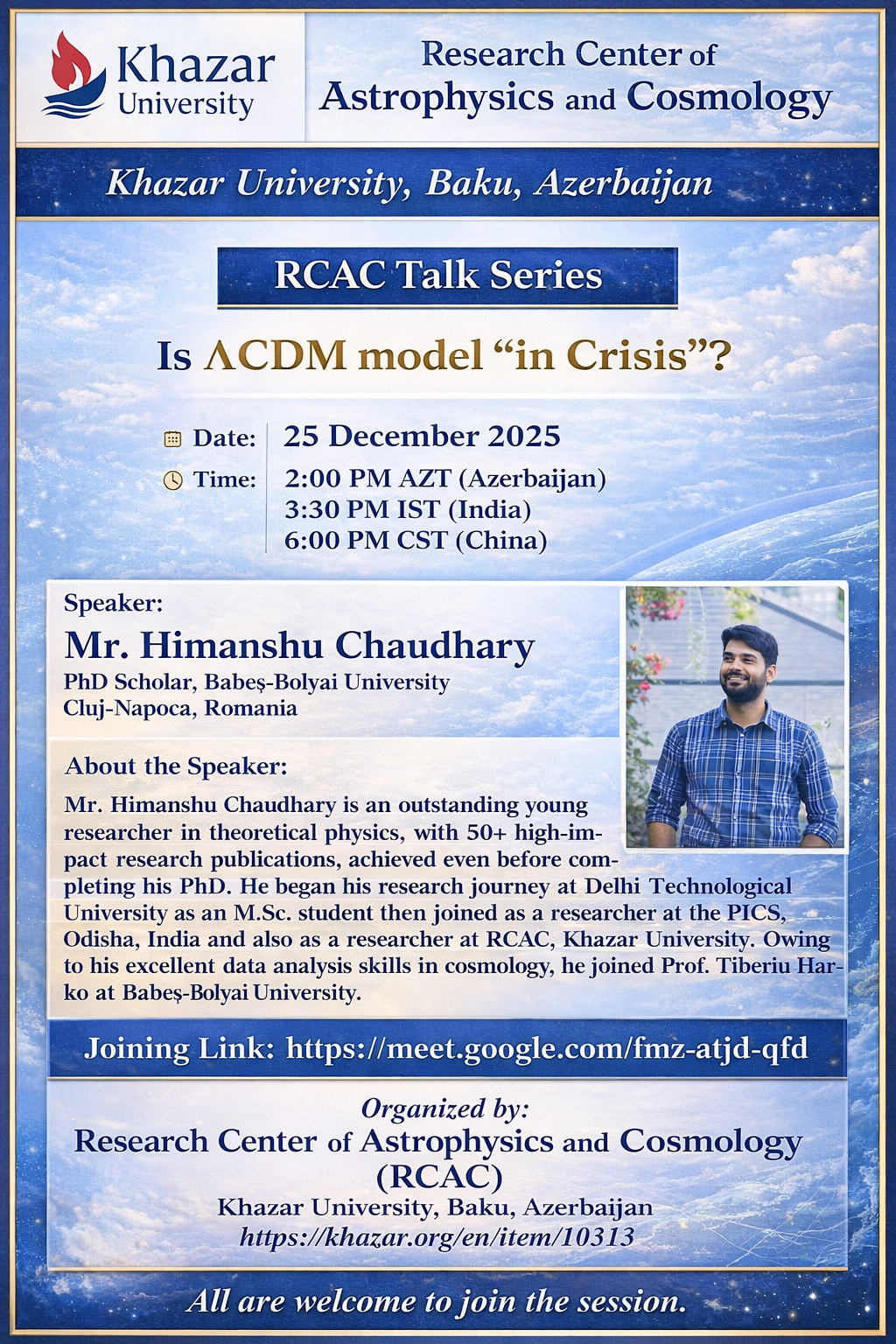 A seminar on the topic "Is ɅCDM model in Crisis?" will be held